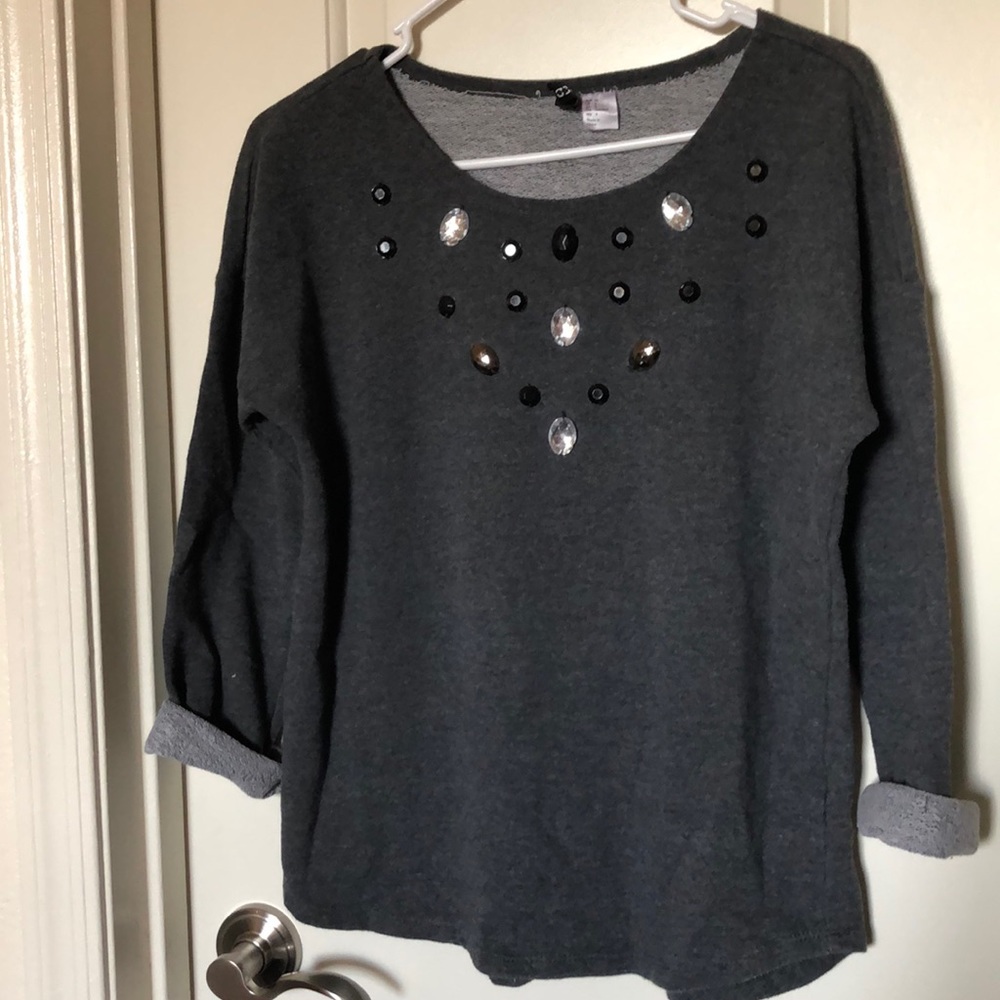 H&M Dark Gray Terry Bejeweled 3/4 Sleeve Shirt